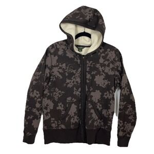 Eddie Bauer Jacket Women LG Hooded Full Zip Sherpa Lined Floral Cotton Poly